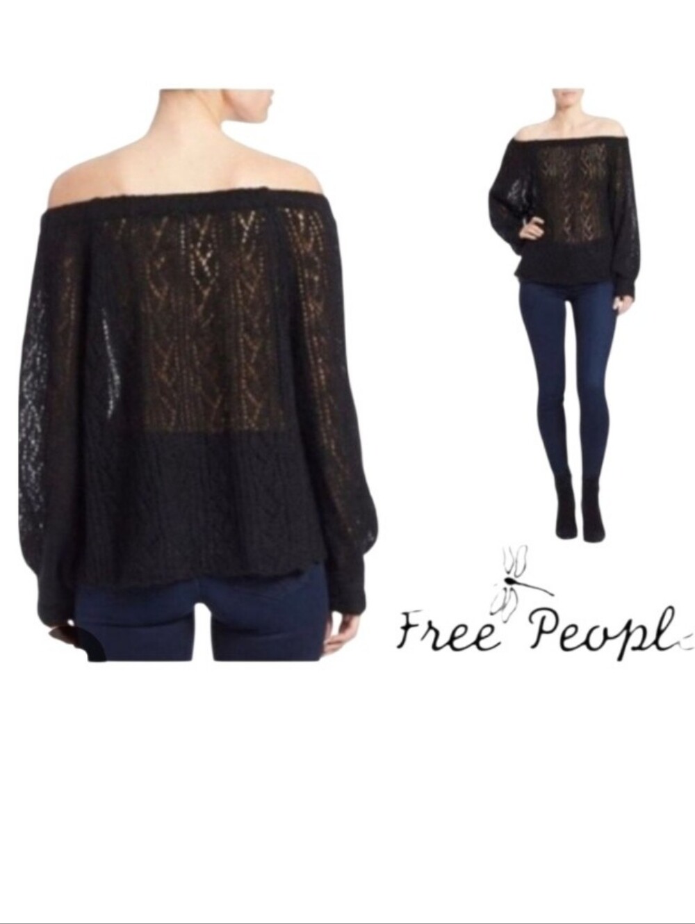NWT Free People Black Off-Shoulder Sheer Knit Sweater